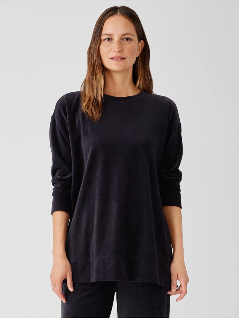 Eileen Fisher Cotton Velour Crew Long Top Midnight Blue XL Lagenlook Minimalist
